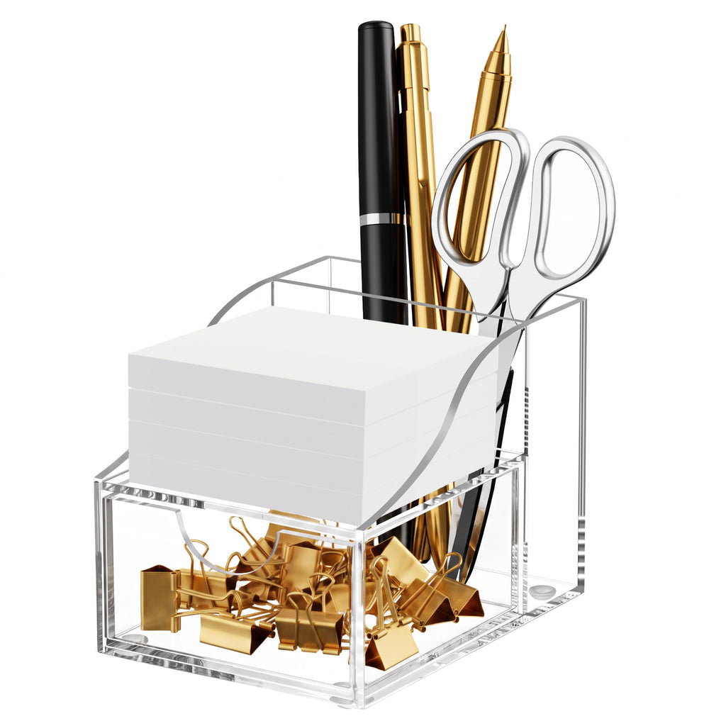 HBlife Acrylic Pen Holder for Desk, 3-Compartment Small Desk Organizer, Clear Office Supplies Desk Accessories with Sticky Notes Holder Stores Post It Notes 3X3 for Office, Home and School