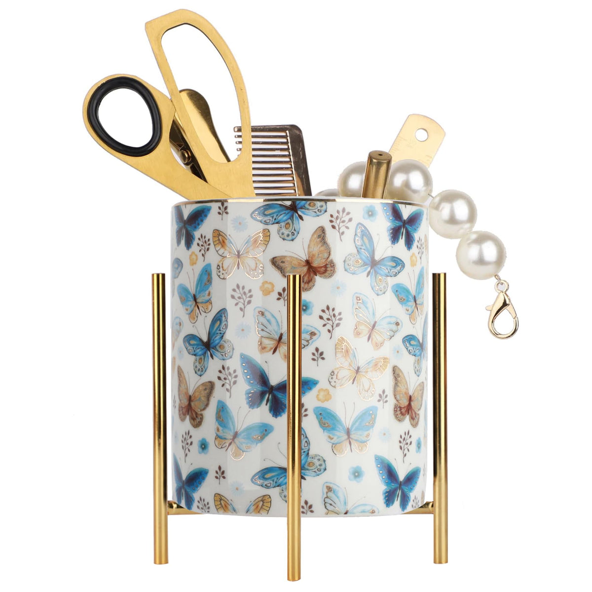 Gold pencil cup Sturdy metal frame with white ceramic pen holder For desks and kitchen appliance holders