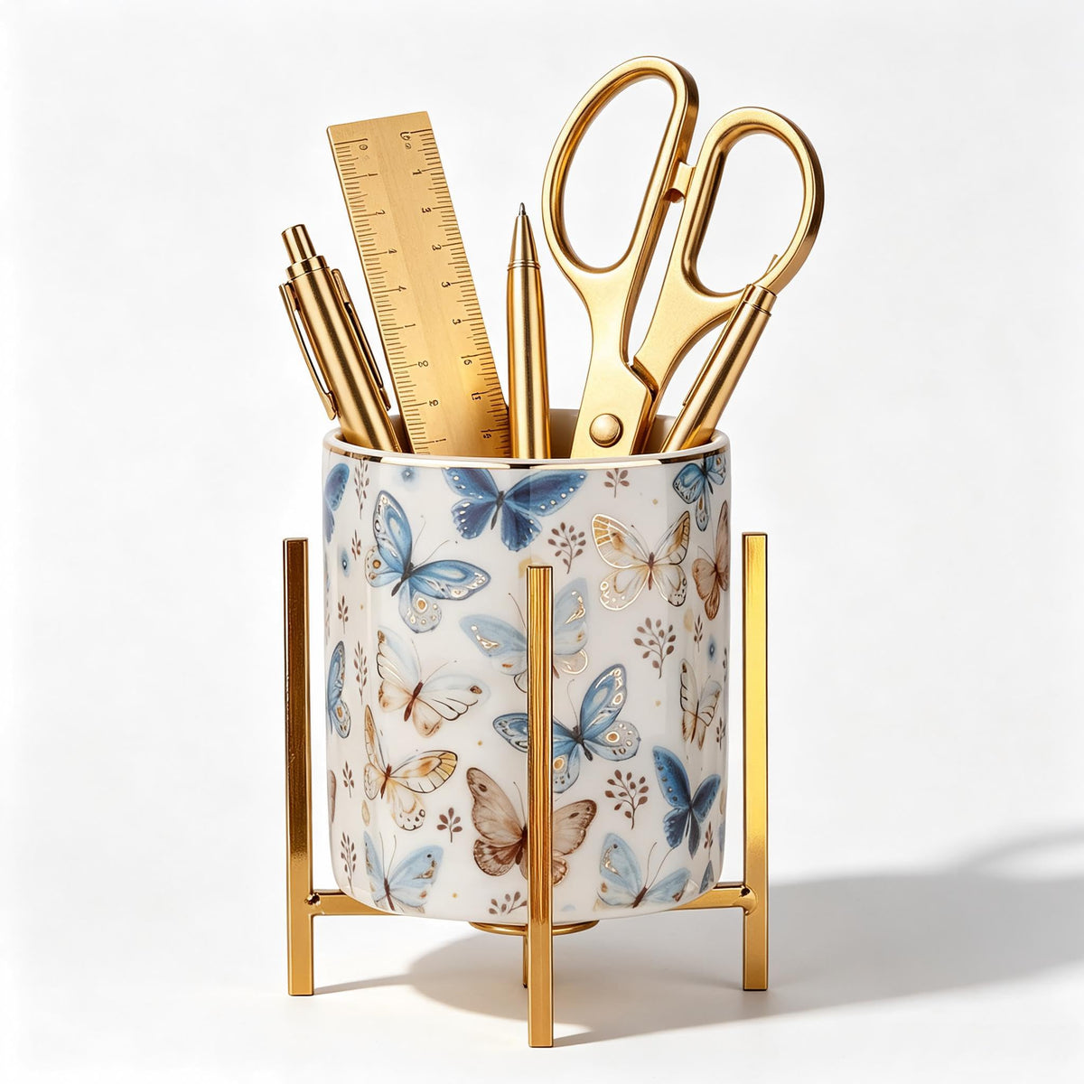 Gold pencil cup Sturdy metal frame with white ceramic pen holder For desks and kitchen appliance holders