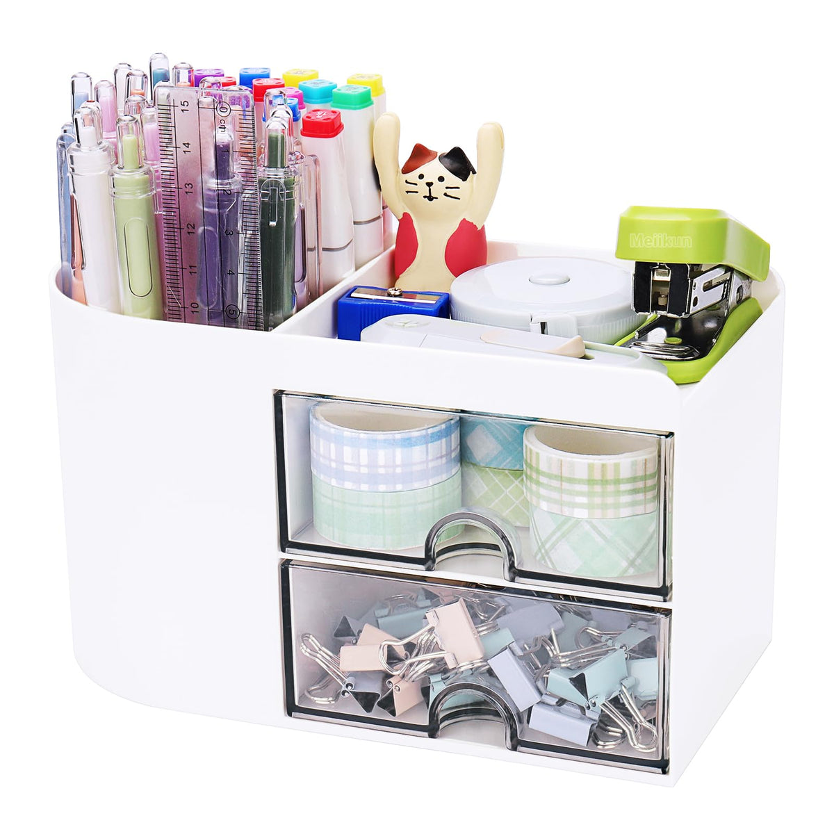 Meiikun Desk Organizer with Drawer, Pen Organizer for Desk, Small Pencil Holder, Desk Organizers and Accessories for Office Home Storage (2 Drawers+4 Compartments, Pink)