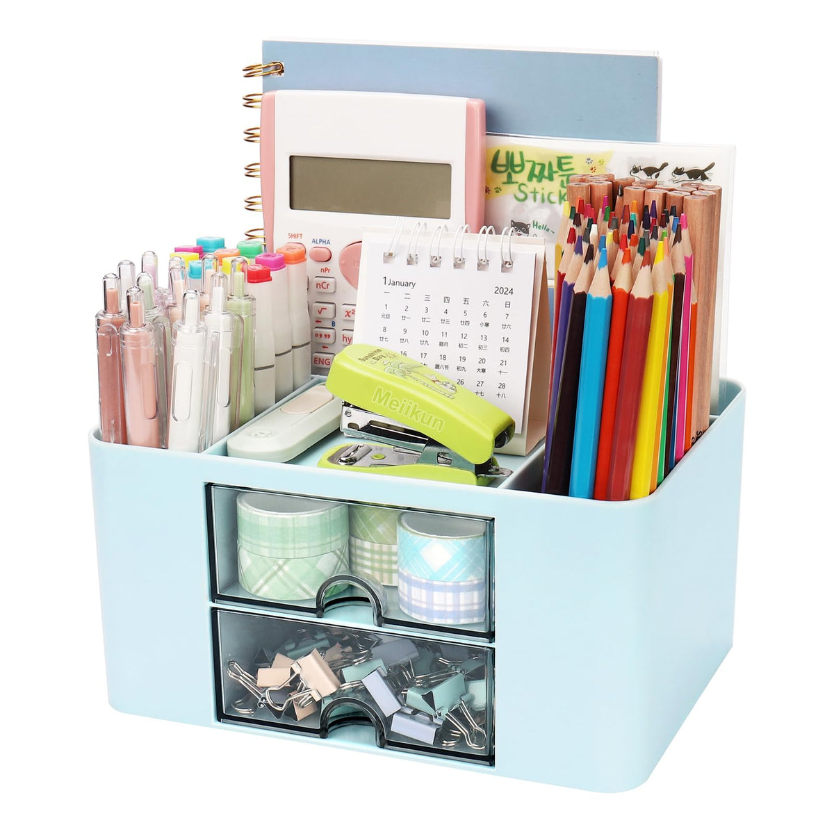 Meiikun Desk Organizer with Drawer, Pen Organizer for Desk, Small Pencil Holder, Desk Organizers and Accessories for Office Home Storage (2 Drawers+4 Compartments, Pink)
