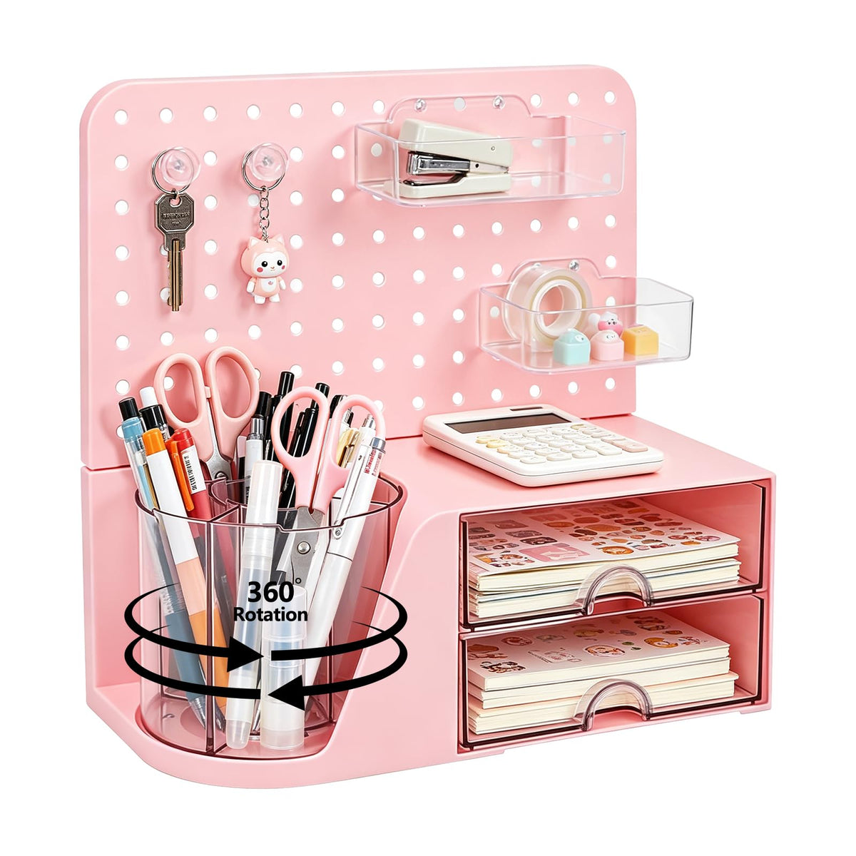 Desk Organizer with 360° Rotating Pen Holder, 5 Slots, 2 Drawers & Pegboard for Office School Art Supplies (Blue)