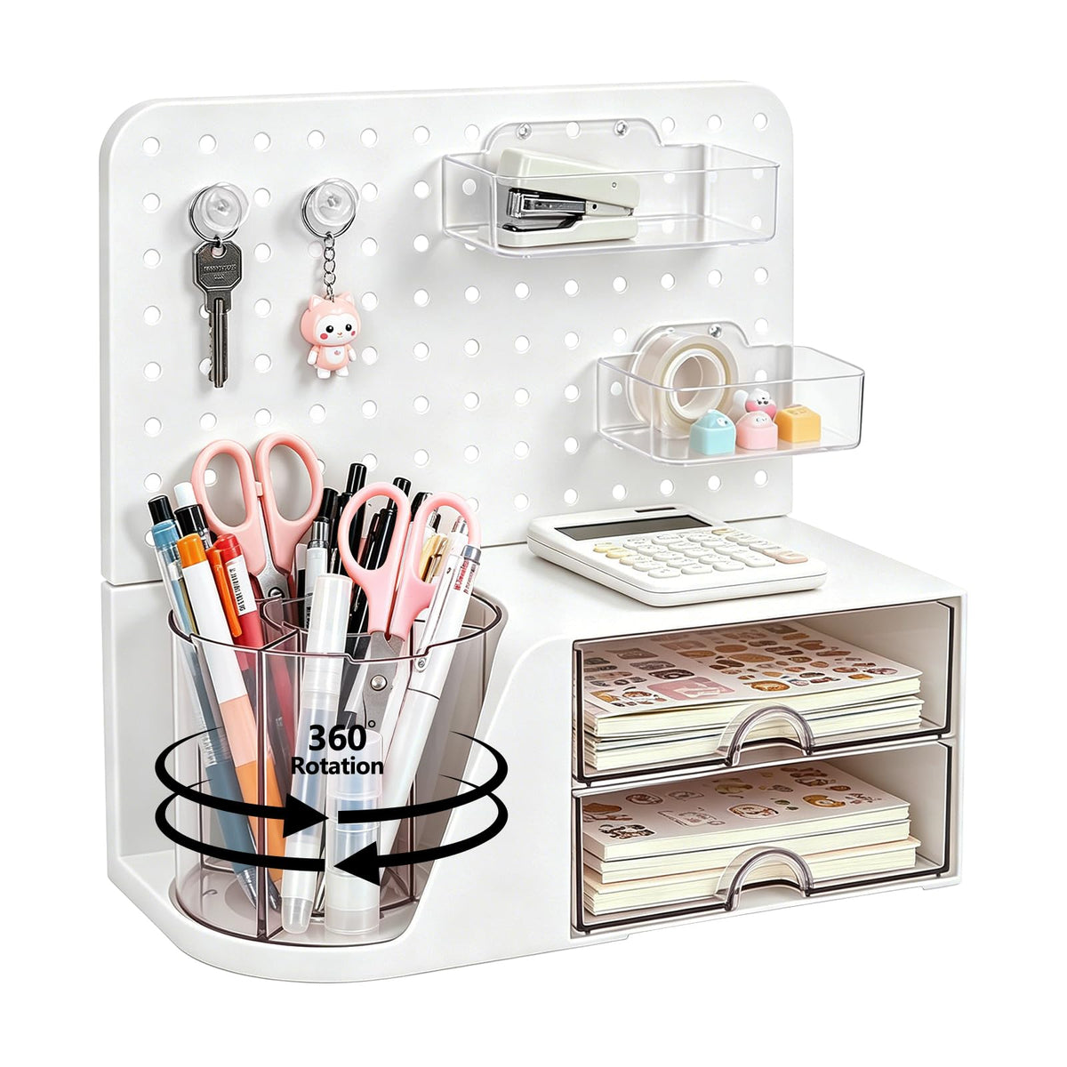 Desk Organizer with 360° Rotating Pen Holder, 5 Slots, 2 Drawers & Pegboard for Office School Art Supplies (Blue)