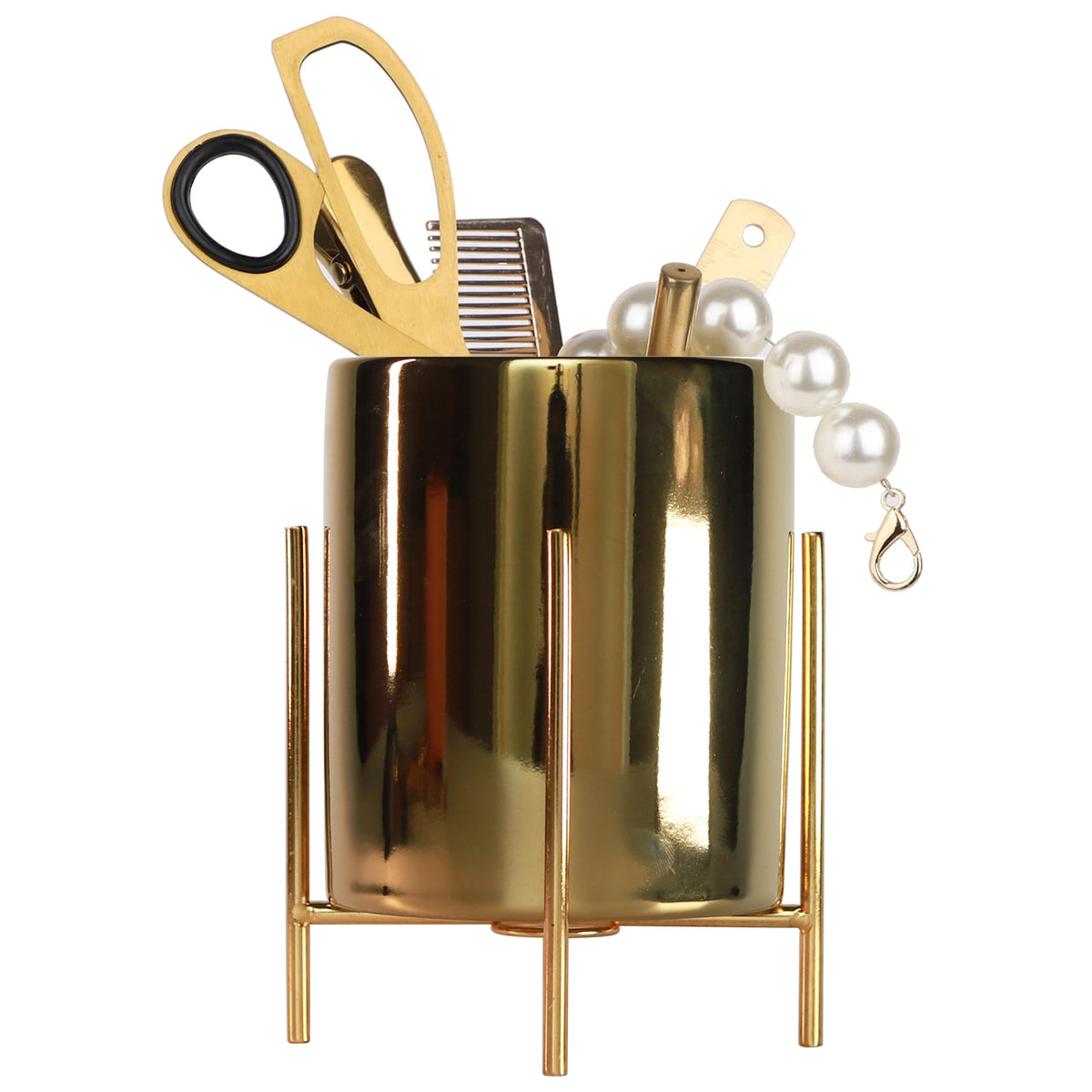 Gold pencil cup Sturdy metal frame with white ceramic pen holder For desks and kitchen appliance holders