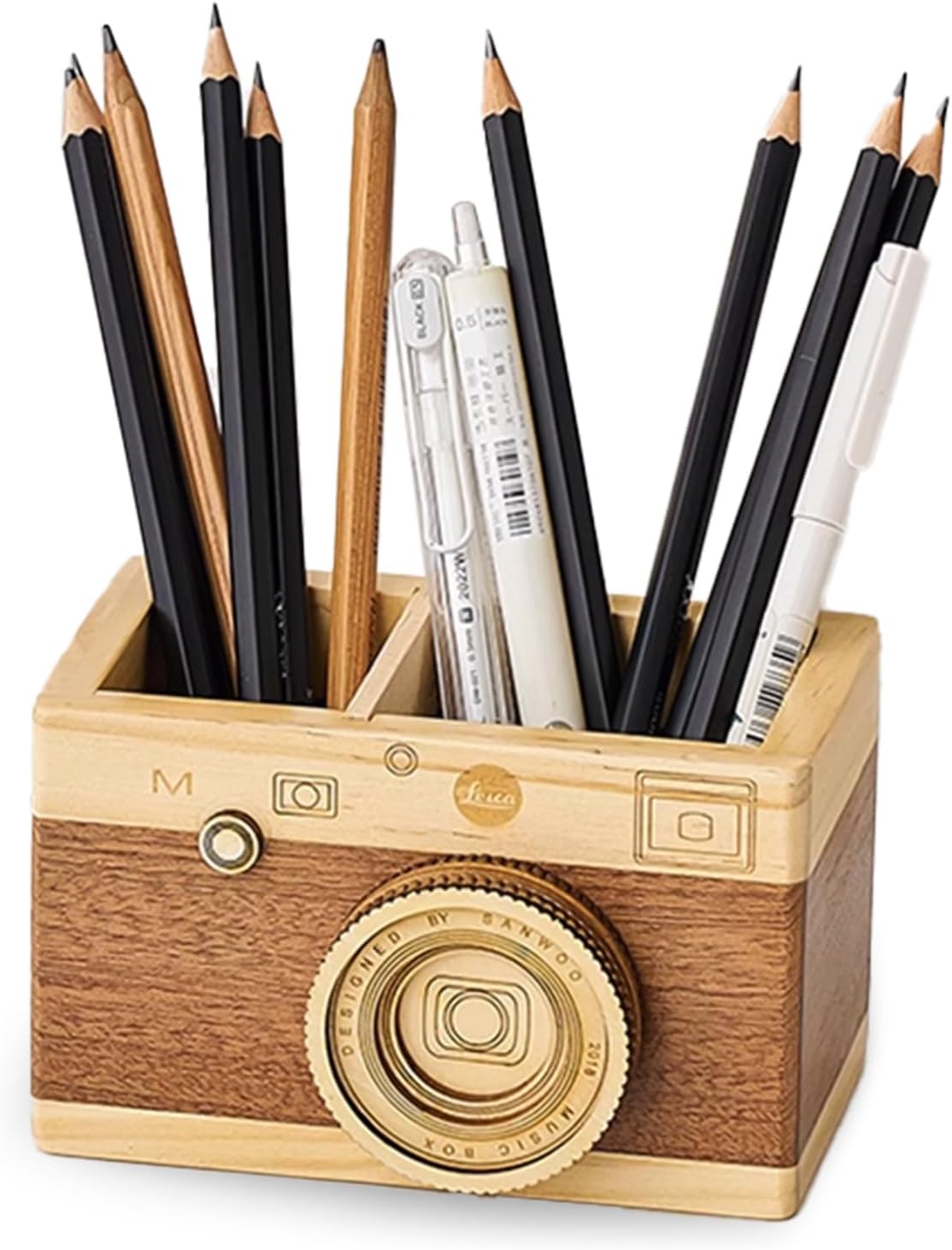 Vintage Wooden Camera Pencil Holder – Retro Desk Organizer for Pens & Stationery, Unique Photography Gift for Photographers, Creative Wooden Pen Holder for Office & Home Decor (Double slot)