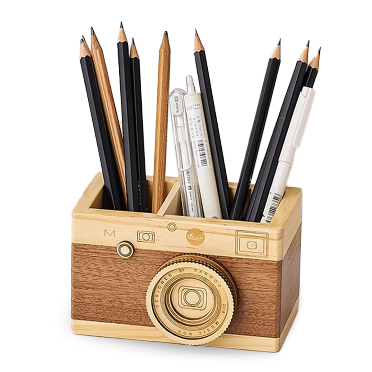 Vintage Wooden Camera Pencil Holder – Retro Desk Organizer for Pens & Stationery, Unique Photography Gift for Photographers, Creative Wooden Pen Holder for Office & Home Decor (Double slot)
