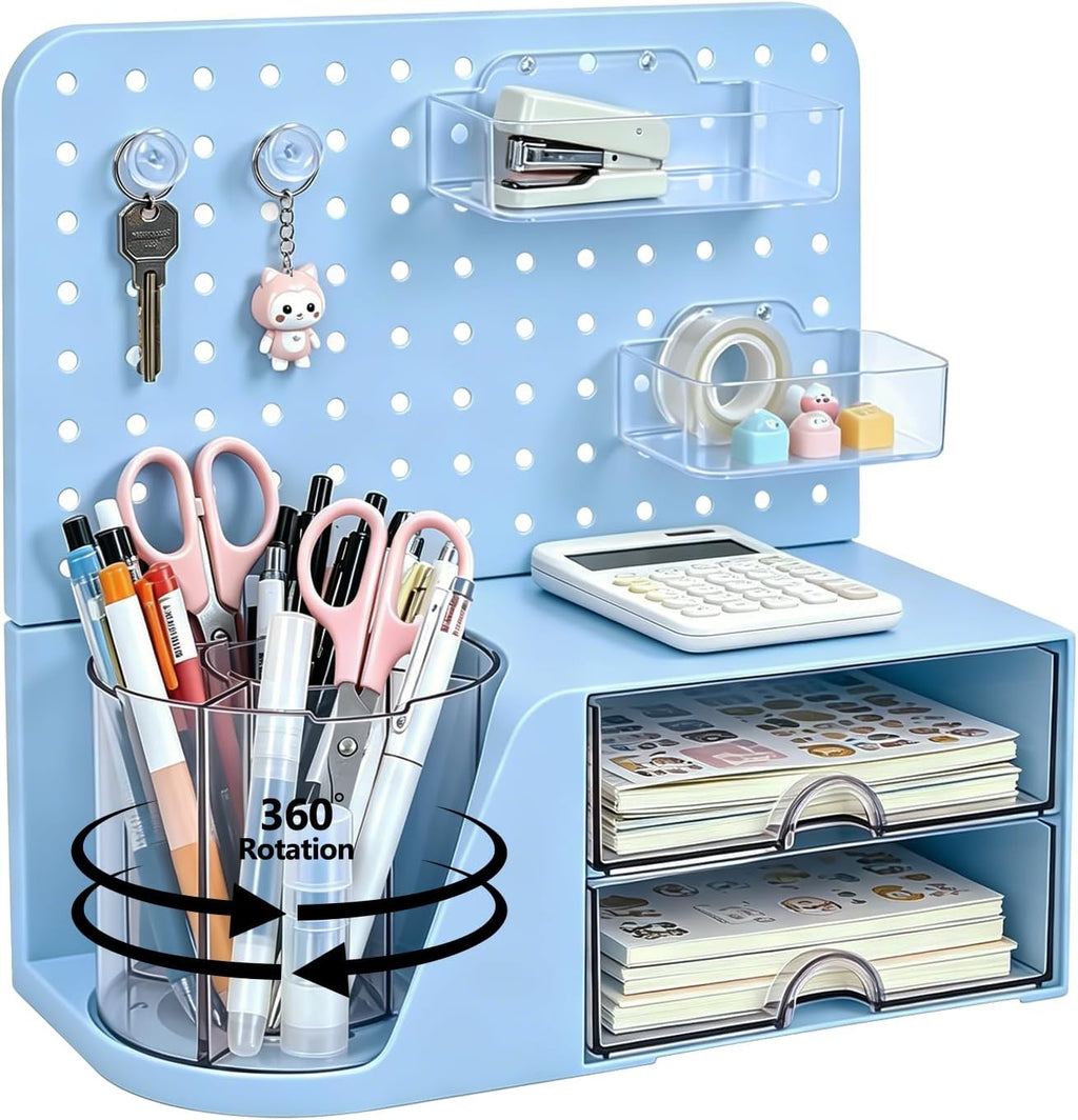 Desk Organizer with 360° Rotating Pen Holder, 5 Slots, 2 Drawers & Pegboard for Office School Art Supplies (Blue)