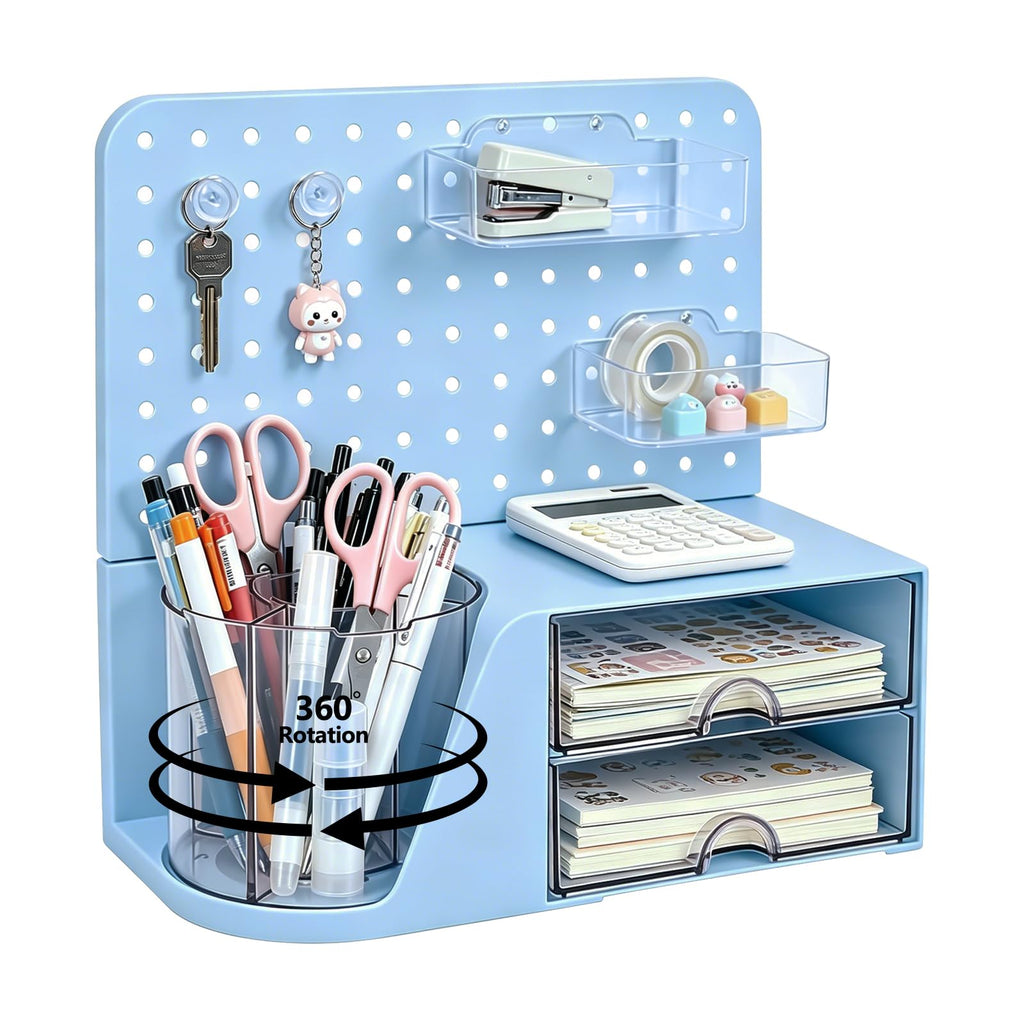 Desk Organizer with 360° Rotating Pen Holder, 5 Slots, 2 Drawers & Pegboard for Office School Art Supplies (Blue)