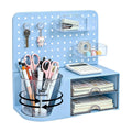 Desk Organizer with 360° Rotating Pen Holder, 5 Slots, 2 Drawers & Pegboard for Office School Art Supplies (Blue)