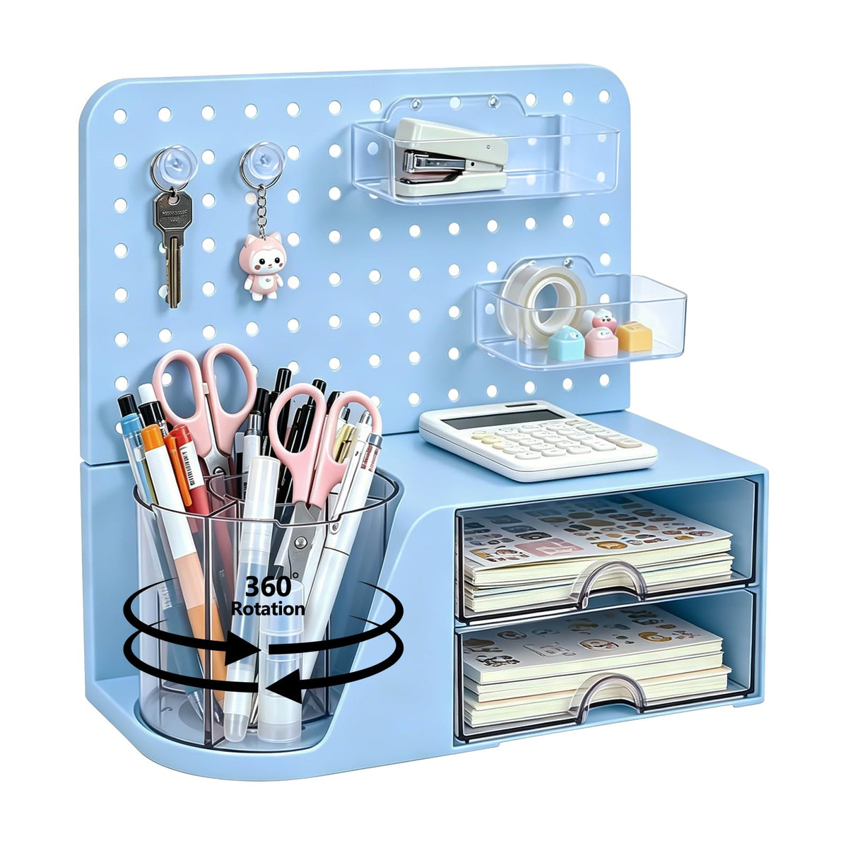 Desk Organizer with 360° Rotating Pen Holder, 5 Slots, 2 Drawers & Pegboard for Office School Art Supplies (Blue)