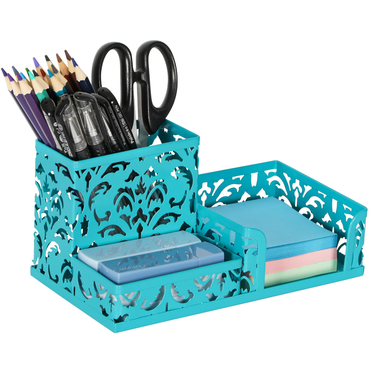 EasyPAG Desk Organizer 3 Compartment Pen Holder for Desk Office Supplies Caddy with Sticky Notes Holder for School Home, Gold