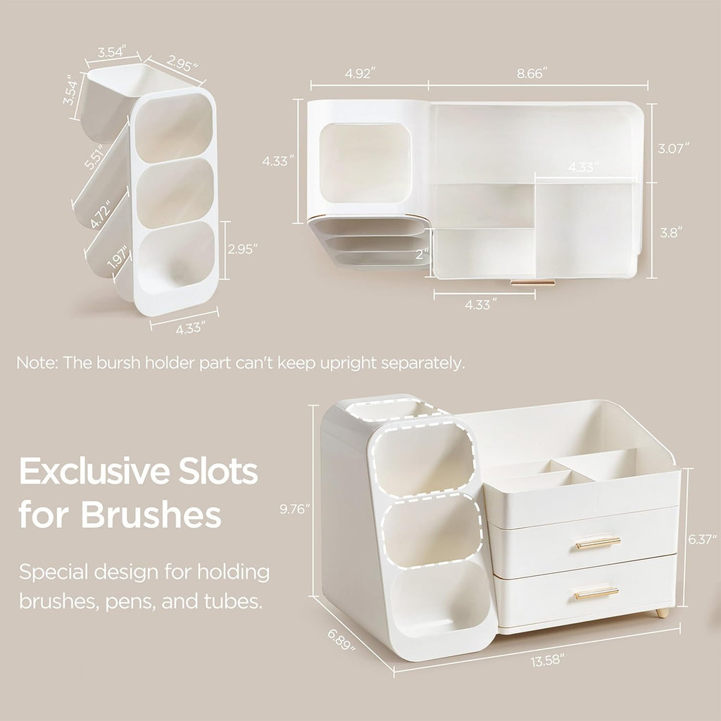 HBlife Makeup Organizer with Brush Holder for Vanity, Large Plastic Bathroom Countertop Organizer Skin Care Storage, Easy to Store Lipsticks, Nail Polishes, Perfumes, Eyeshadow Palettes, All White