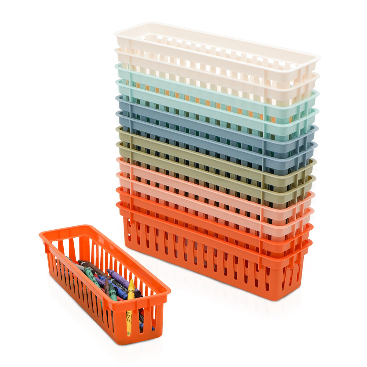 4E's Novelty 12 Pack Pencil Holder for Kids Desk, Colorful Plastic Pen Baskets Tray for Organizing Classroom Supplies, Plastic Caddy for Desk and Elementary Teacher Supplies for Classroom