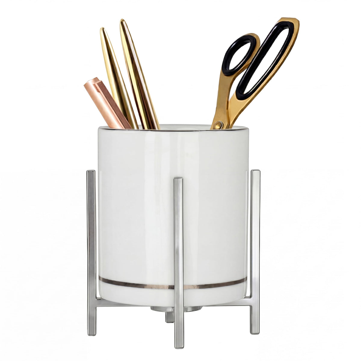 4.72" Gold Pen Holder Aesthetic Pencil Holder for Desk, Gold Desk Organizers and Accessories for Women Girls, Ceramic Pen Holder for Office
