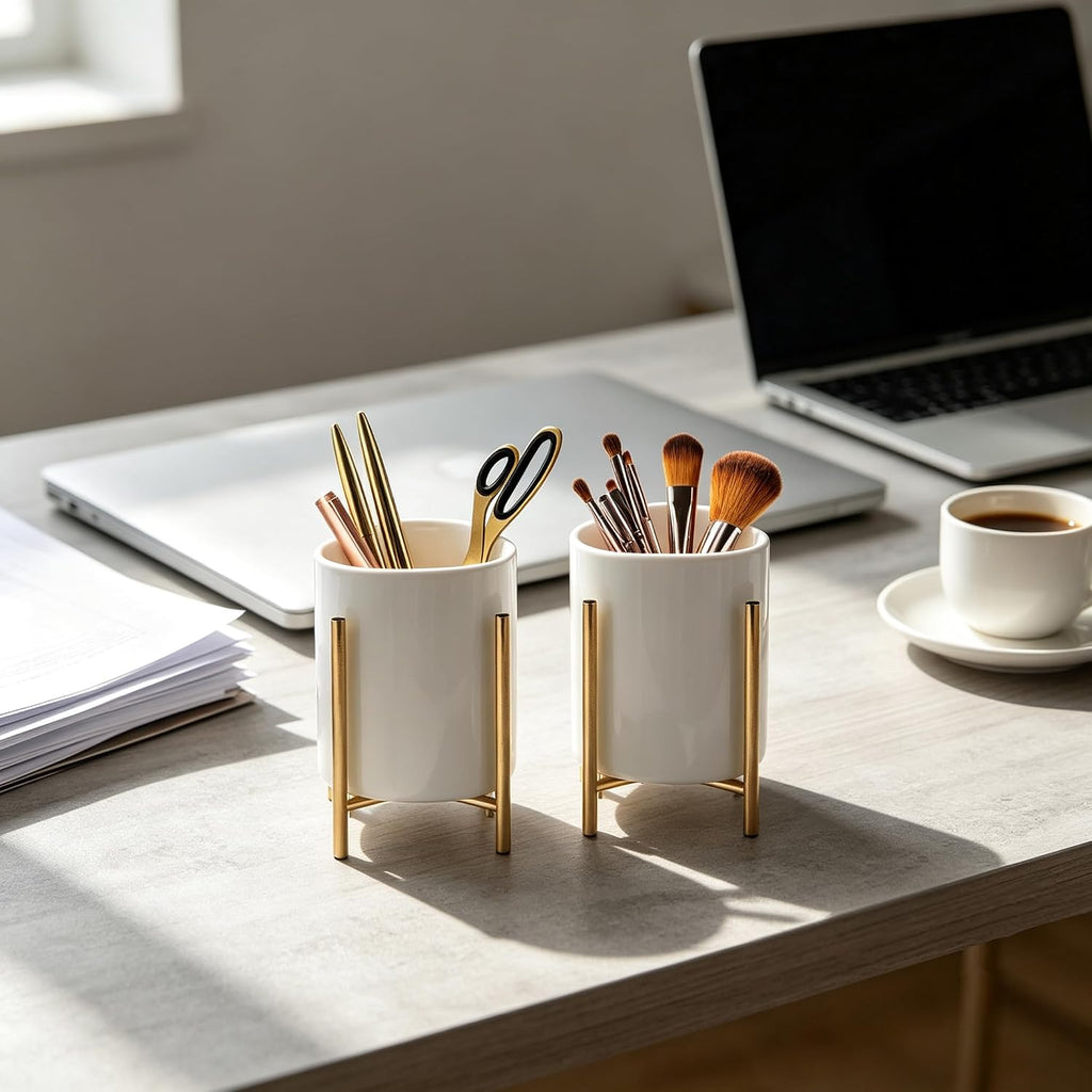 Gold pencil cup Sturdy metal frame with white ceramic pen holder For desks and kitchen appliance holders