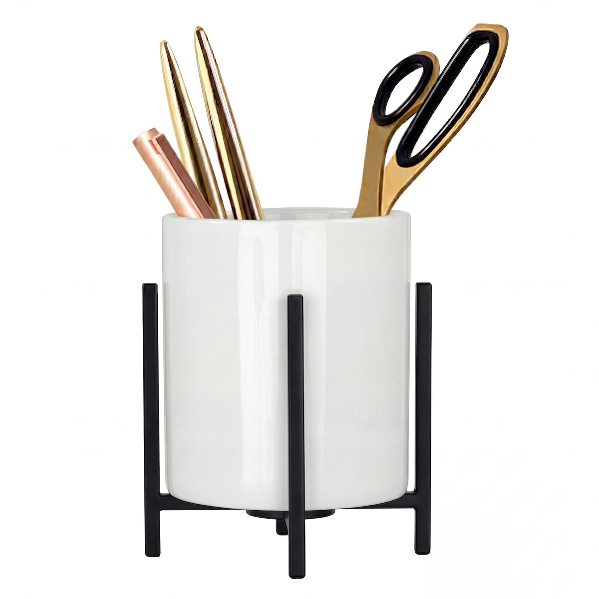 4.72" Gold Pen Holder Aesthetic Pencil Holder for Desk, Gold Desk Organizers and Accessories for Women Girls, Ceramic Pen Holder for Office