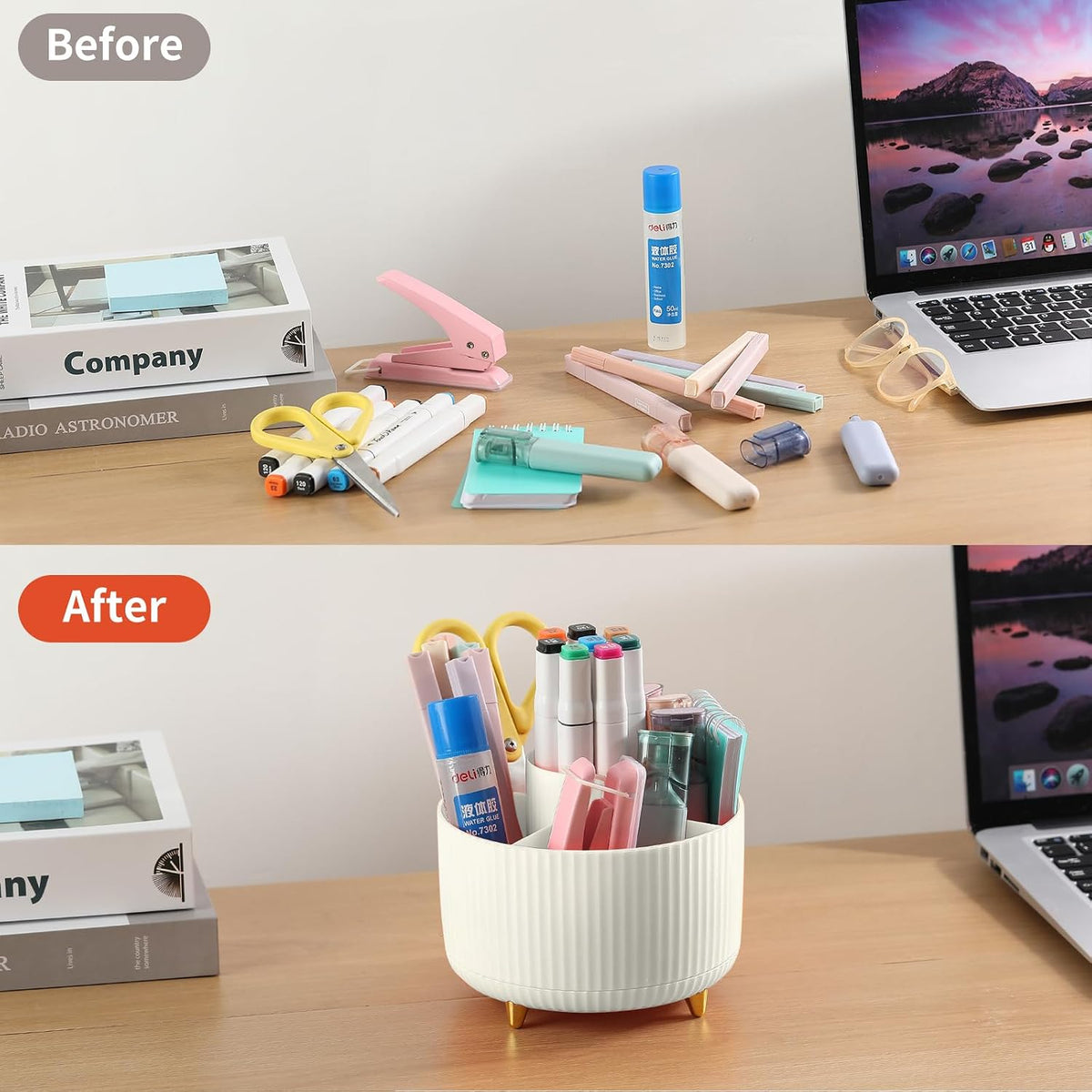 Desk Pencil Pen Holder, 5 Slots 360°Degree Rotating Pen Organizers for Desk, Desktop Storage Stationery Supplies Organizer, Cute Pencil Cup Pot for Office, School, Home, Art Supply, Beige
