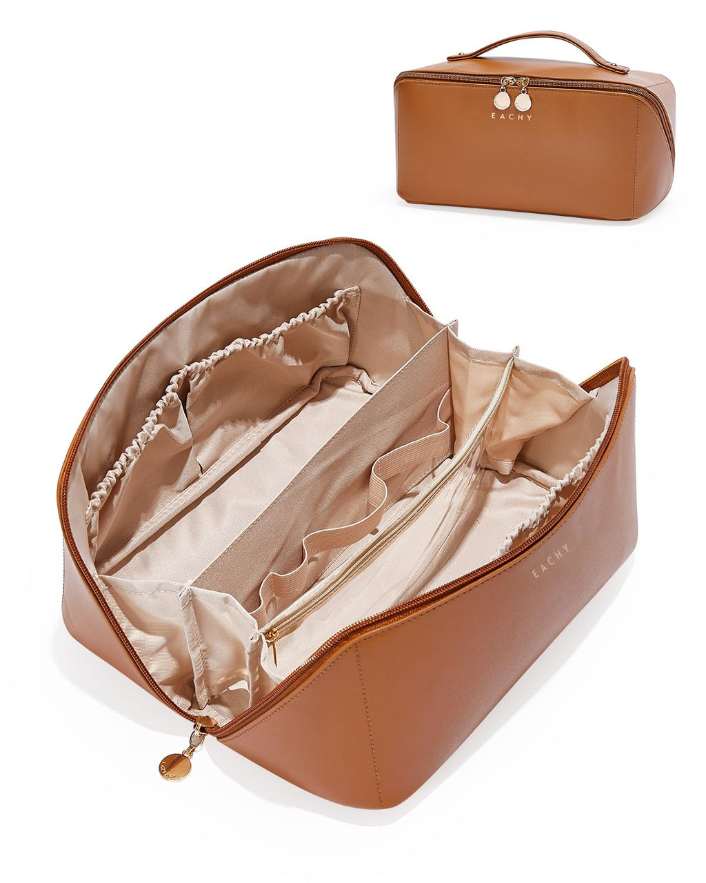 EACHY Travel Makeup Bag for Women, PU Leather Cosmetic Bag, Brown, Medium