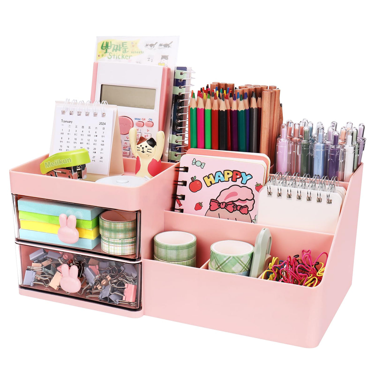 Meiikun Desk Organizer with Drawer, Pen Organizer for Desk, Small Pencil Holder, Desk Organizers and Accessories for Office Home Storage (2 Drawers+4 Compartments, Pink)