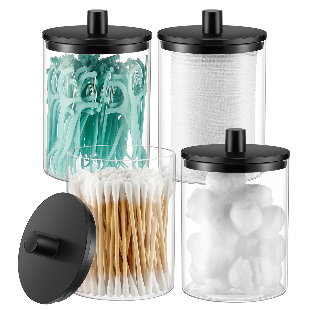 TIPGO Glass Qtip Holder Dispenser - 10 oz Clear Canister Apothecary Jar, Bathroom Vanity Storage Organizer Set for Cotton Swabs, Pads, Floss Picks, Small Containers for Makeup Storage (2 Pack, Black)