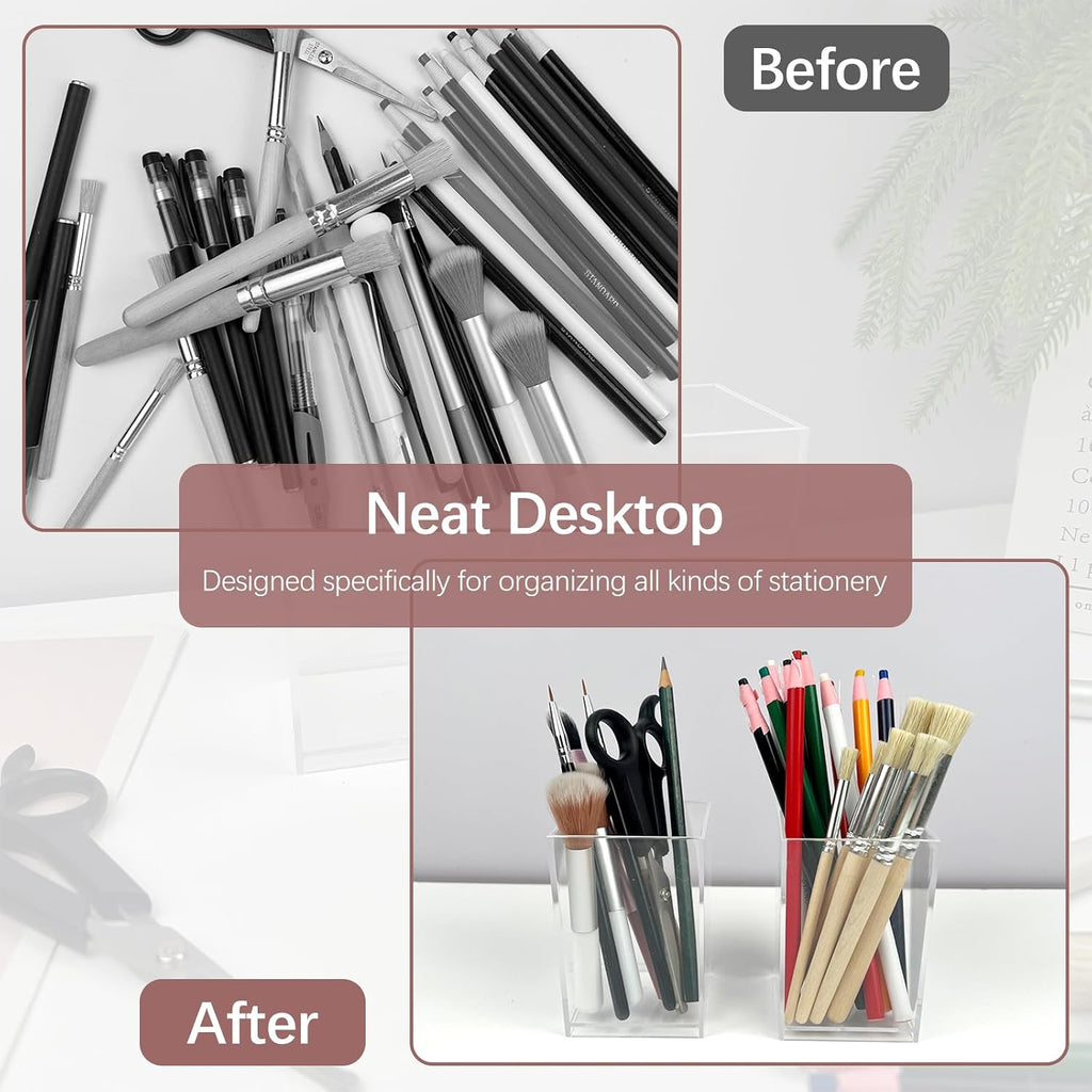 Clear Acrylic Pen Holder Cup Set of 2, Simple Modern Desktop Organizer for Stationery, Makeup Brushes, Office, Study and Home