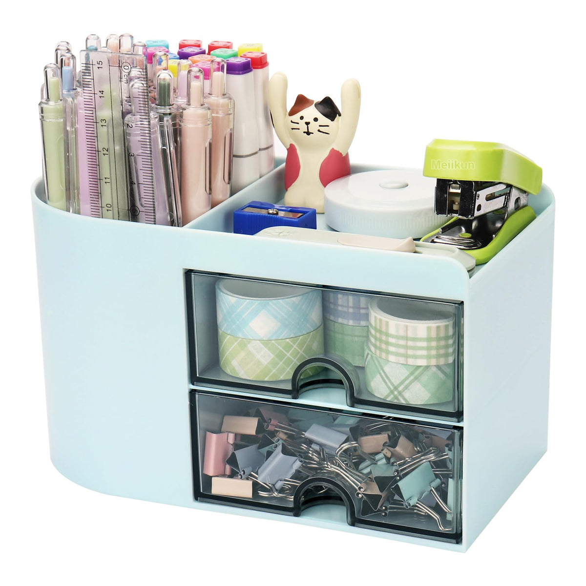 Meiikun Desk Organizer with Drawer, Pen Organizer for Desk, Small Pencil Holder, Desk Organizers and Accessories for Office Home Storage (2 Drawers+4 Compartments, Pink)