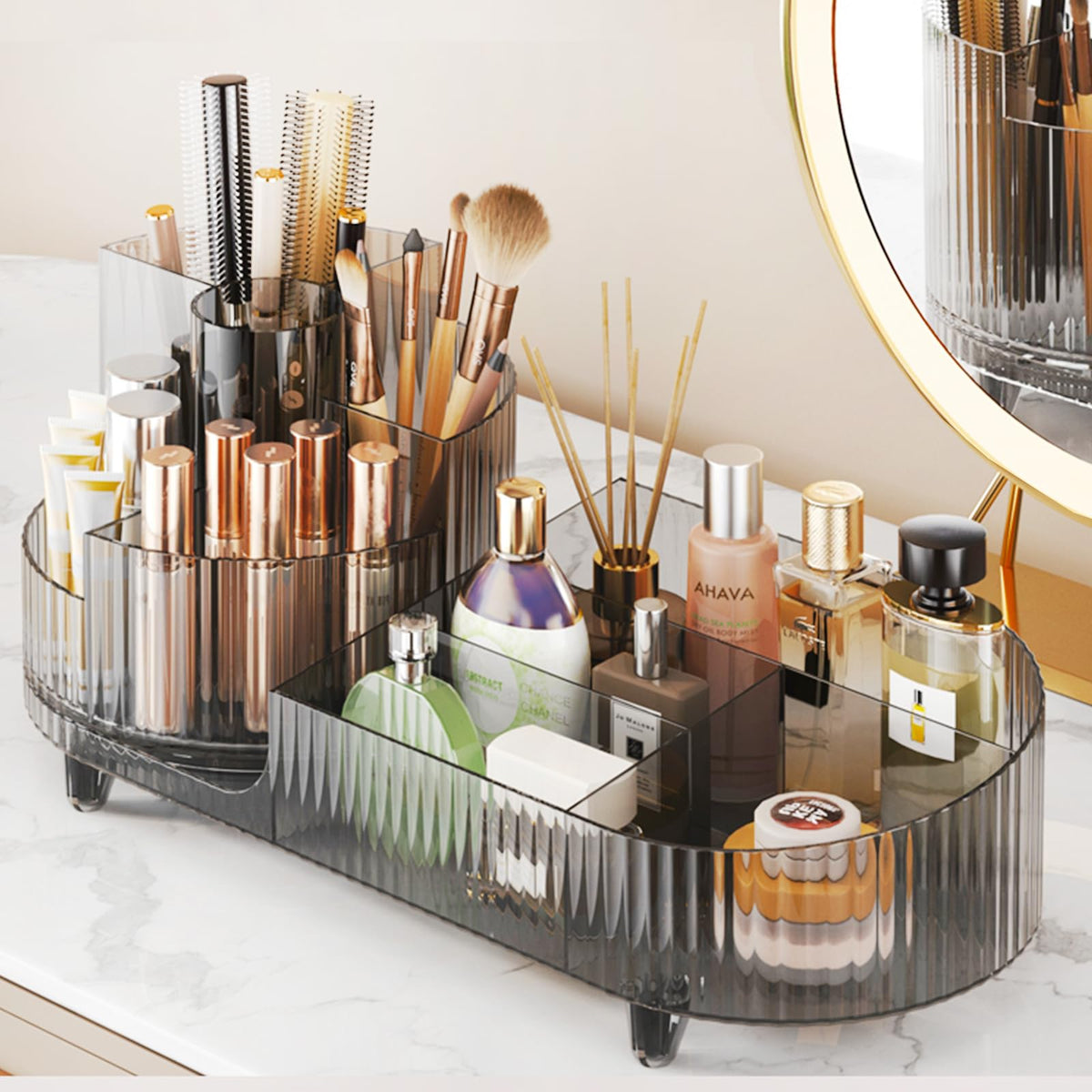 Pink Rotating Vanity Organizer with Brush Holder - Large Spinning Cosmetic Storage, Countertop Makeup & Skincare Organizer, Perfume & Lotions Display Case
