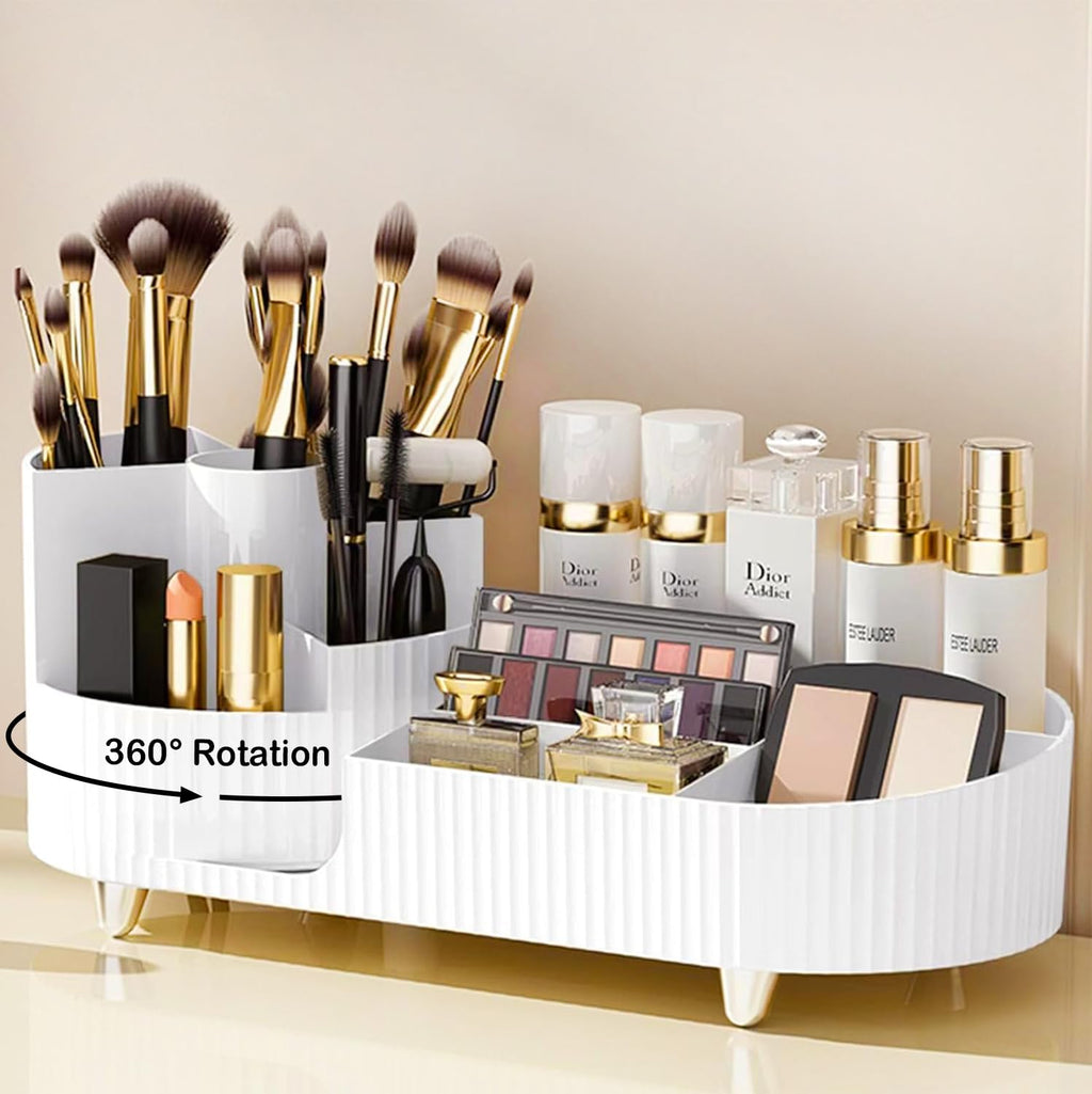Pink Rotating Vanity Organizer with Brush Holder - Large Spinning Cosmetic Storage, Countertop Makeup & Skincare Organizer, Perfume & Lotions Display Case