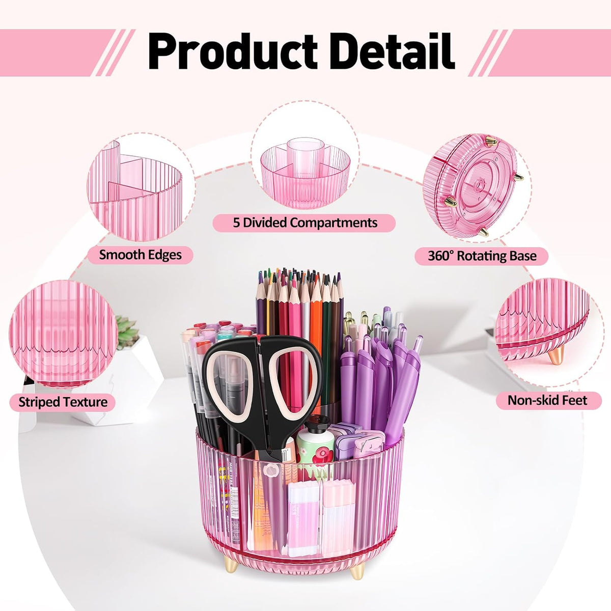 360 Rotating Pen Pencil Holder for Desk, Pen Organizer with 5 Slots