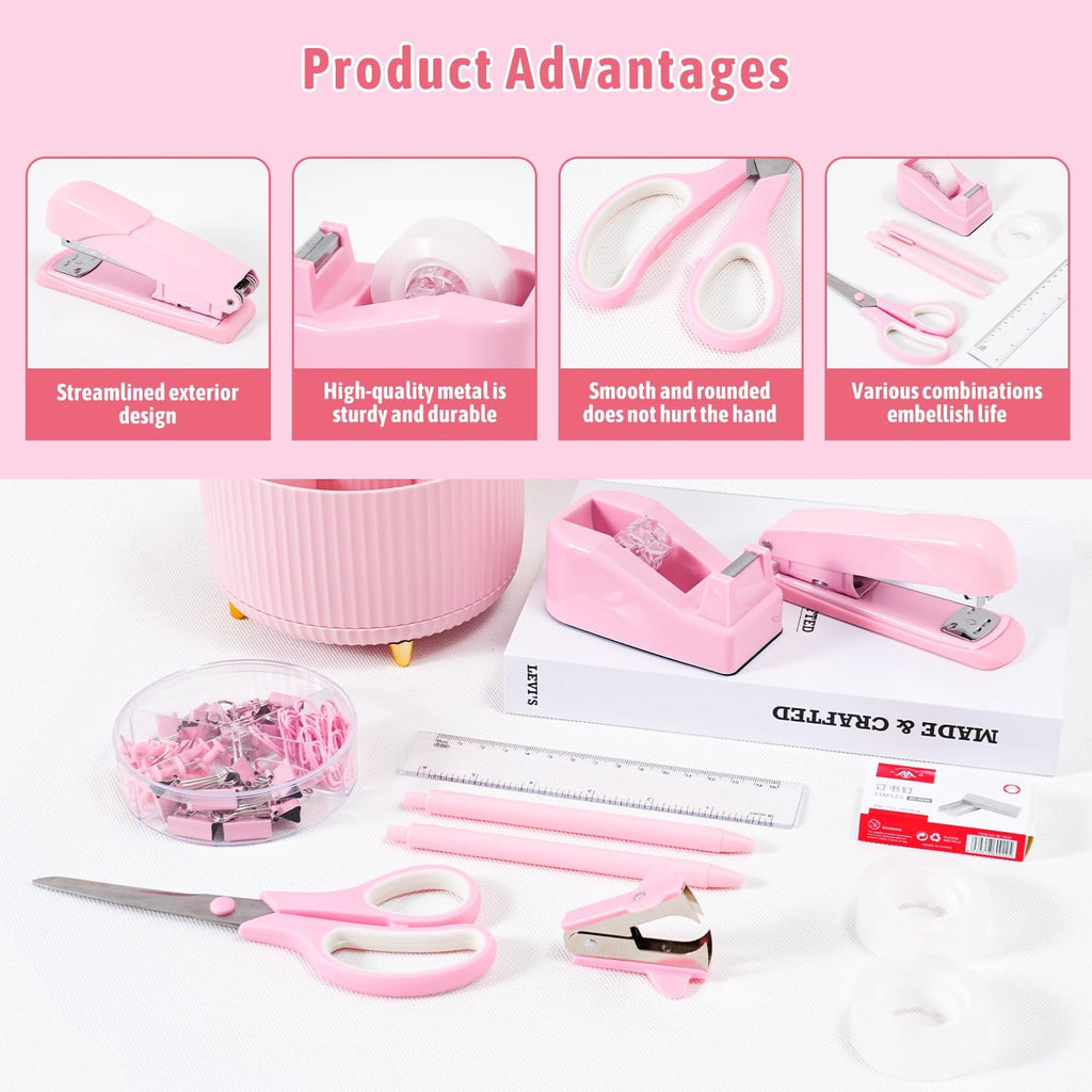 Gawsey Pink Desk Organizers and Accessories with Desk Organizer 360° Rotating Pen Holder and Office Supplies, Cute Stationery Supplies Set