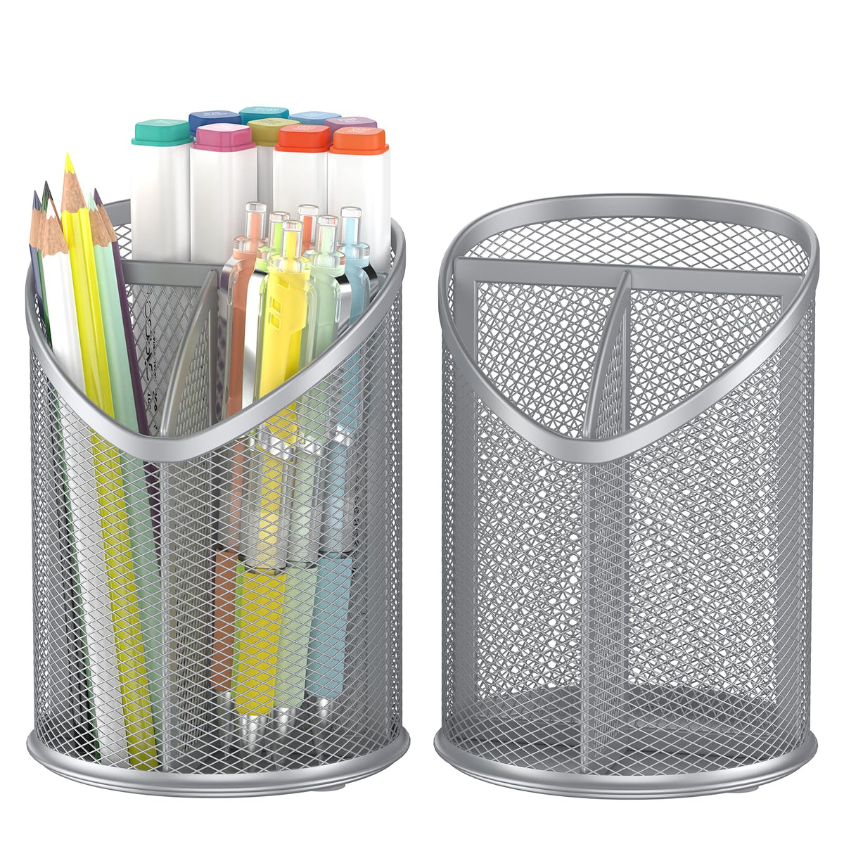 Delifox 2 Pack Pen Holder Mesh Round Pencil Holder 3 Compartments, Black