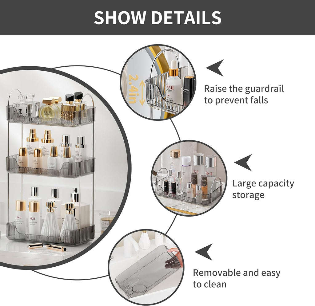 Akinbas 3 Tier Bathroom Organizer Countertop Makeup Perfume Tray Skincare Organizer for Bathroom Dresser Vanity (Grey)