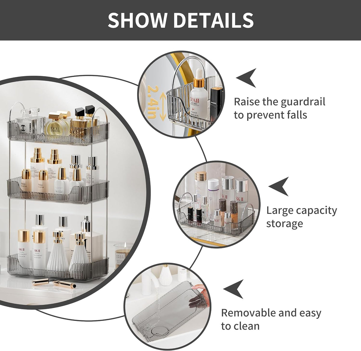 Akinbas 3 Tier Bathroom Organizer Countertop Makeup Perfume Tray Skincare Organizer for Bathroom Dresser Vanity (Grey)