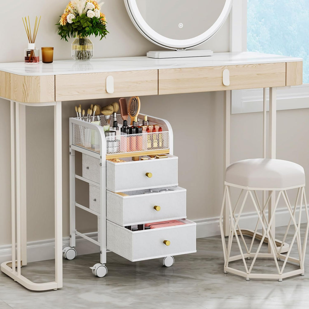 SWTYMIKI Rolling Makeup Organizer Cart - Under Desk Vanity Makeup Storage with 3 Non-woven Drawers, Nail Cart Organizer Cosmetic Display Cases Cabinet for Skin Care Perfume Nail Polish Brush Hair Tool