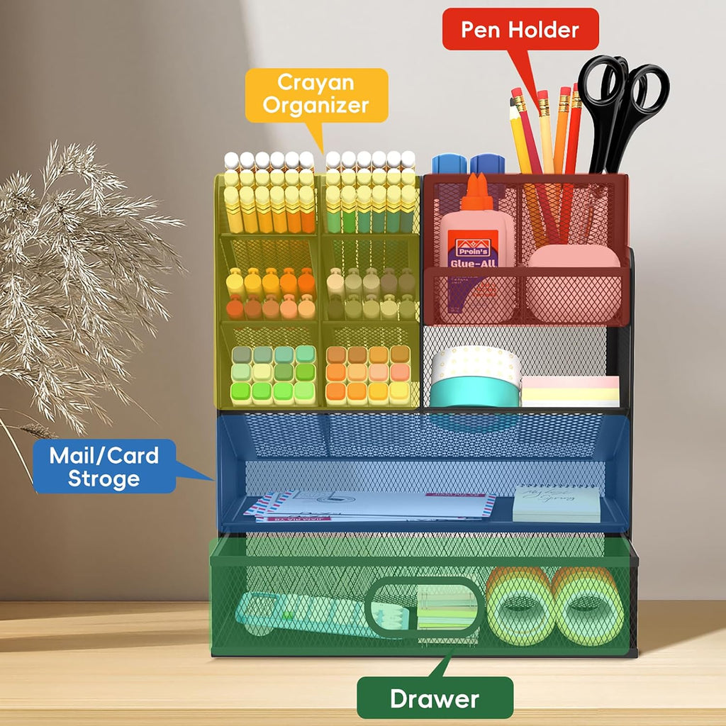 Mesh Pen Organizer for Desk, 13 Compartments with Drawer, Black