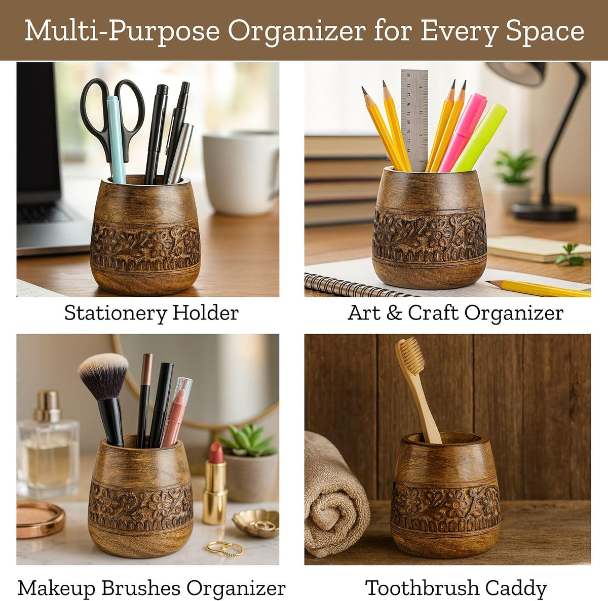 Mie Creations Rustic Pencil Holder, Wooden Pen Stand, Table Desk Organizer