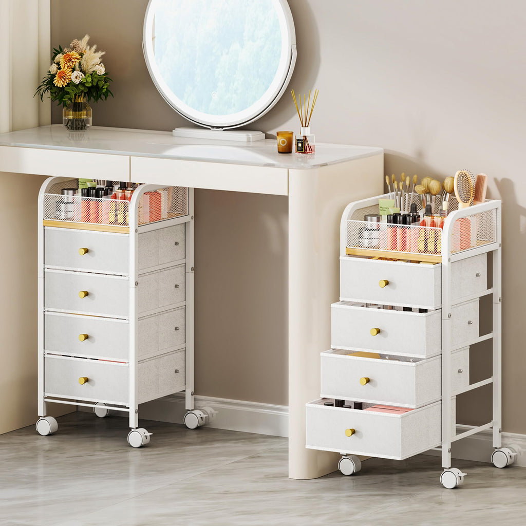 SWTYMIKI Rolling Makeup Organizer Cart - Under Desk Vanity Makeup Storage with 3 Non-woven Drawers, Nail Cart Organizer Cosmetic Display Cases Cabinet for Skin Care Perfume Nail Polish Brush Hair Tool