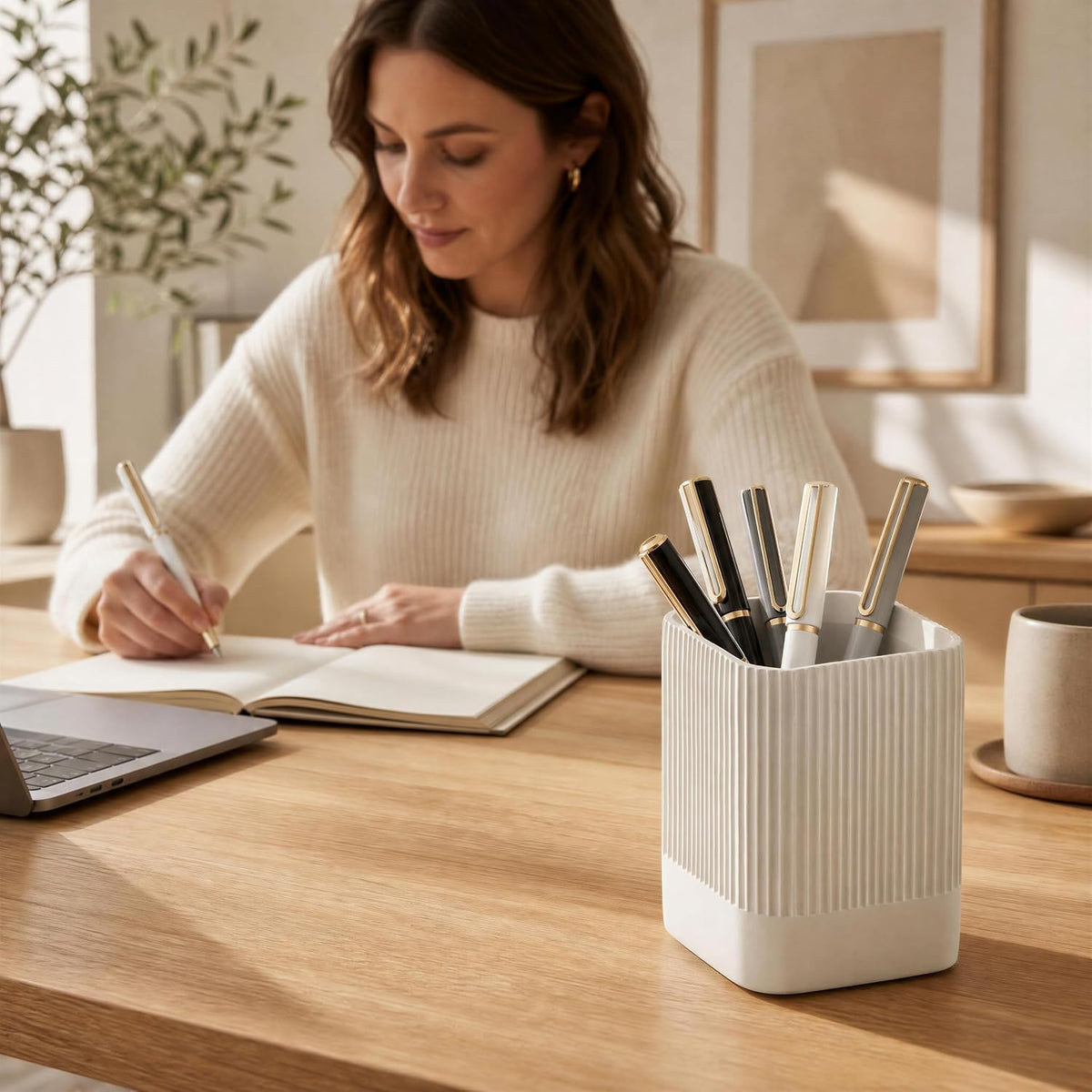 KIBAGA Aesthetic Pen Holder for Desk - Modern Concrete Pencil Holder & Cup