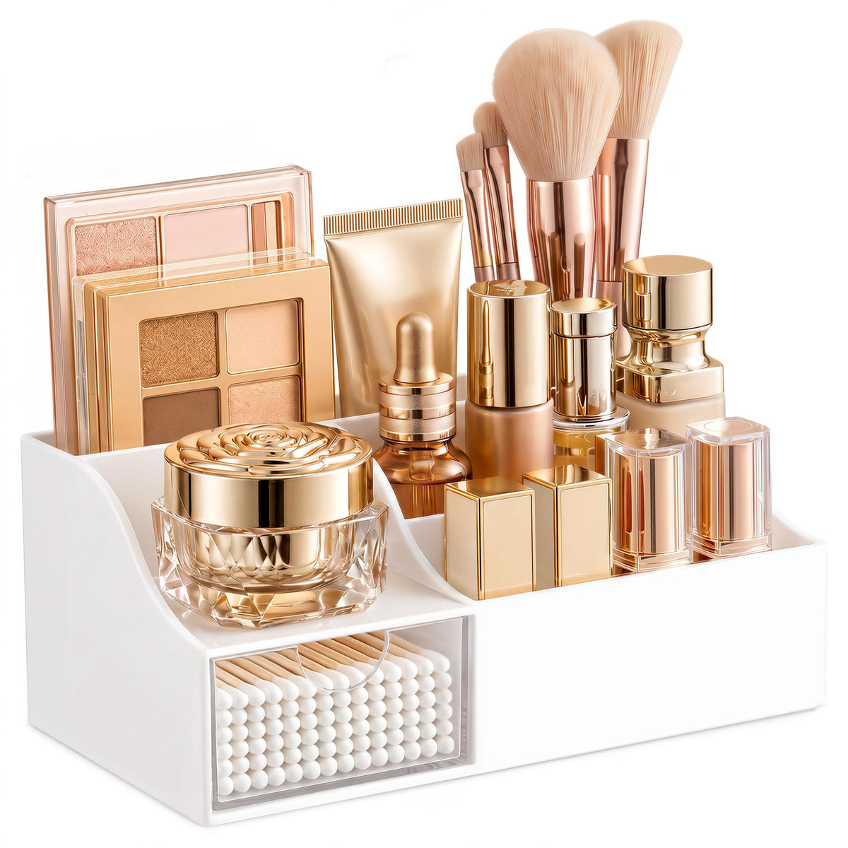 HBlife Makeup Organizer with Drawer – Cosmetic Storage for Vanity, Bathroom Countertop & Dresser, Skincare Organizer with Brush Holder, Beauty Display Case (Clear)