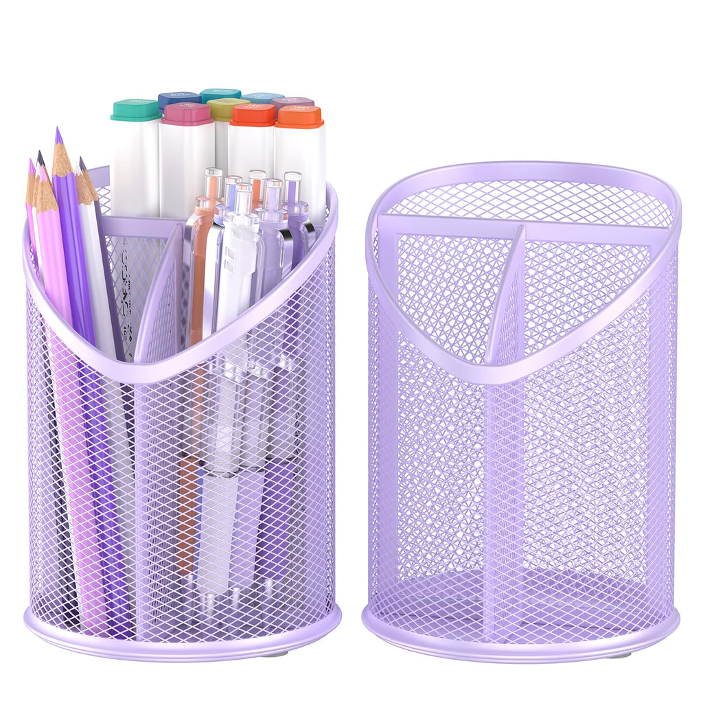 Delifox 2 Pack Pen Holder Mesh Round Pencil Holder 3 Compartments, Black