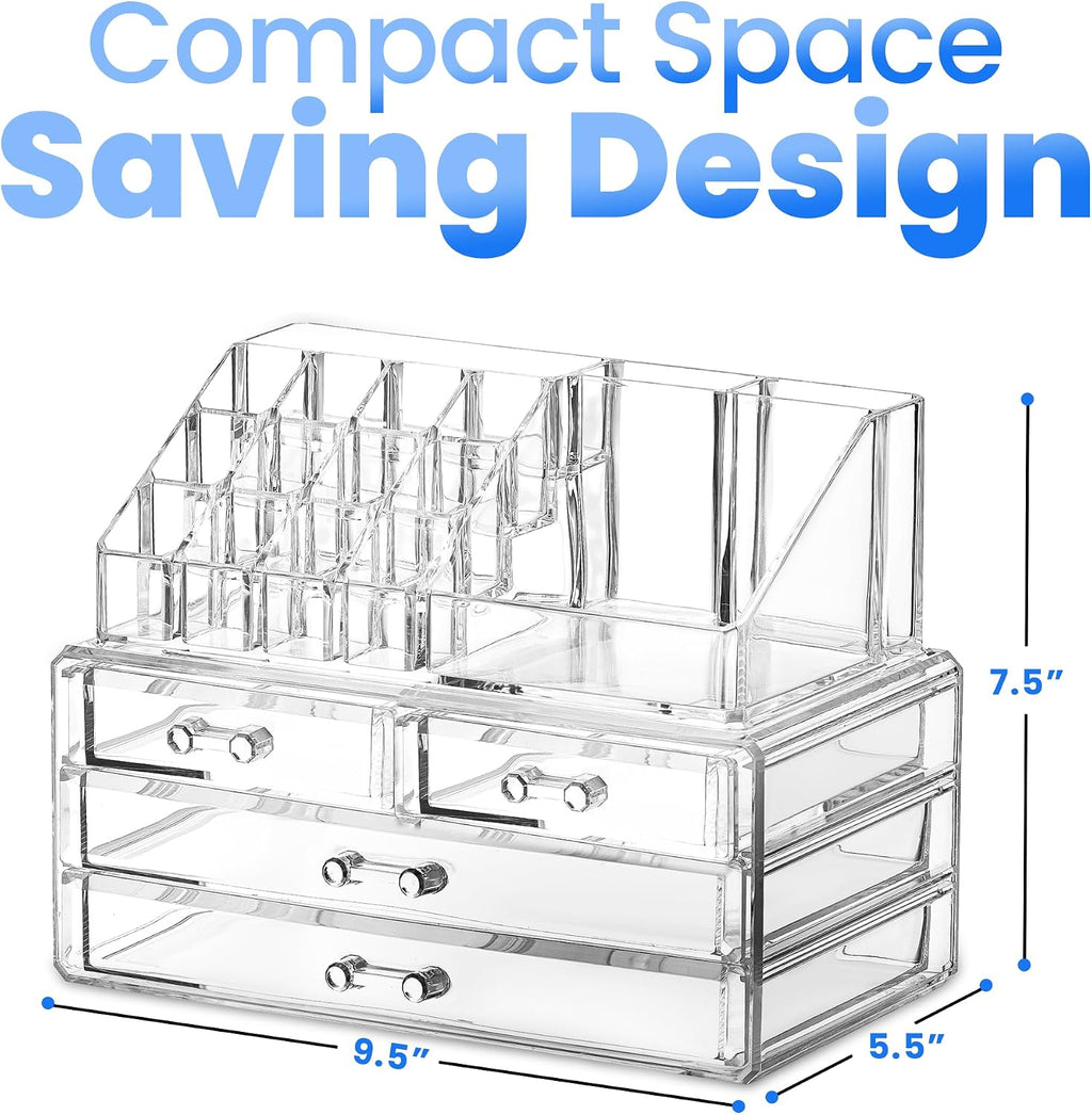 Masirs Clear Makeup Organizer with 4 Drawers 16 Compartments, Countertop