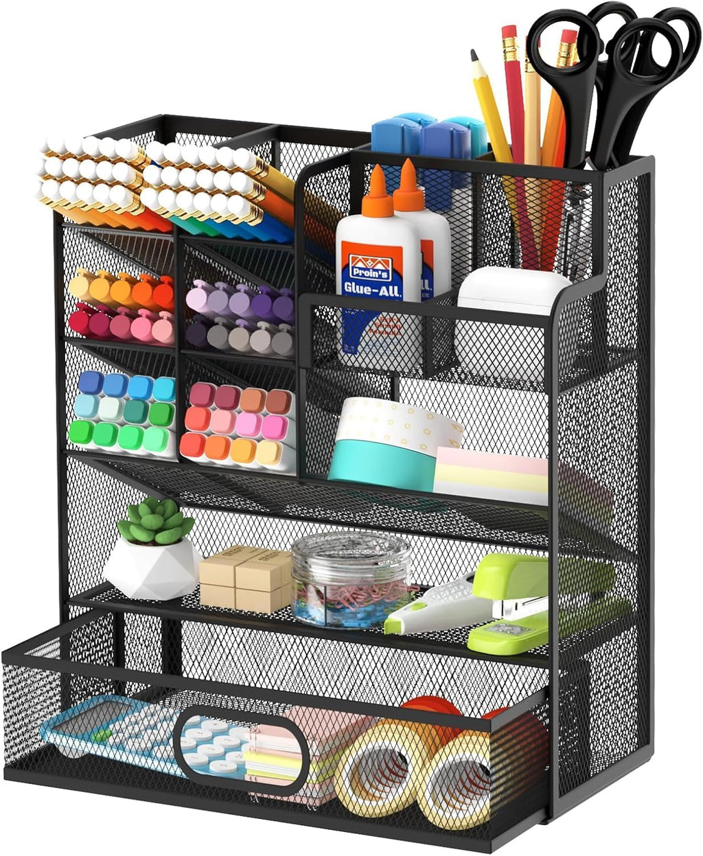 Mesh Pen Organizer for Desk, 13 Compartments with Drawer, Black