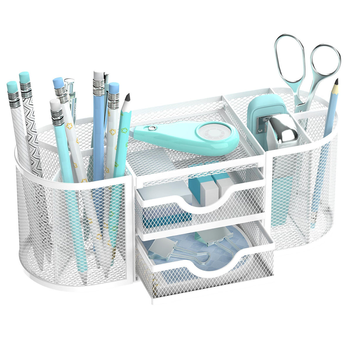 SUPEASY Mesh Desk Organizer, Pen Holder for Desk with 2 Drawers, Black