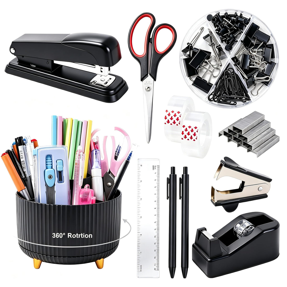 Gawsey Pink Desk Organizers and Accessories with Desk Organizer 360° Rotating Pen Holder and Office Supplies, Cute Stationery Supplies Set