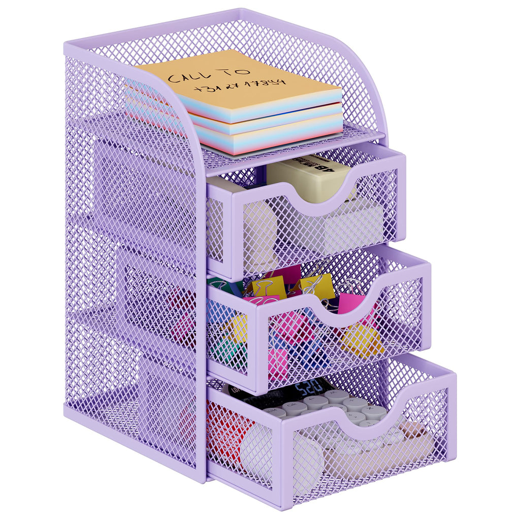 EasyPAG Mesh Desk Organizer with 3 Drawer Office Desktop Organizers and Accessories Stationery Caddy for Office, Home, Students, Pink