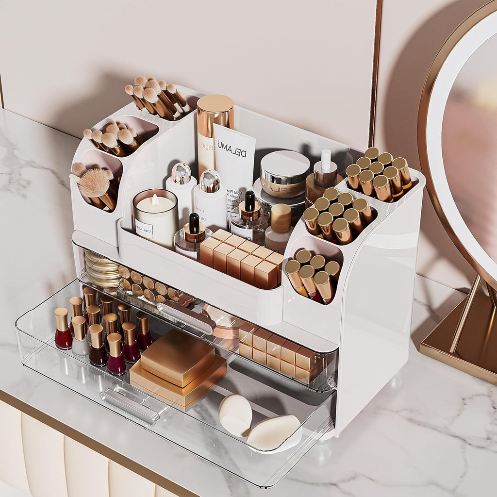 Delamu Large Makeup Organizer Countertop with 6 Brush Holders, White