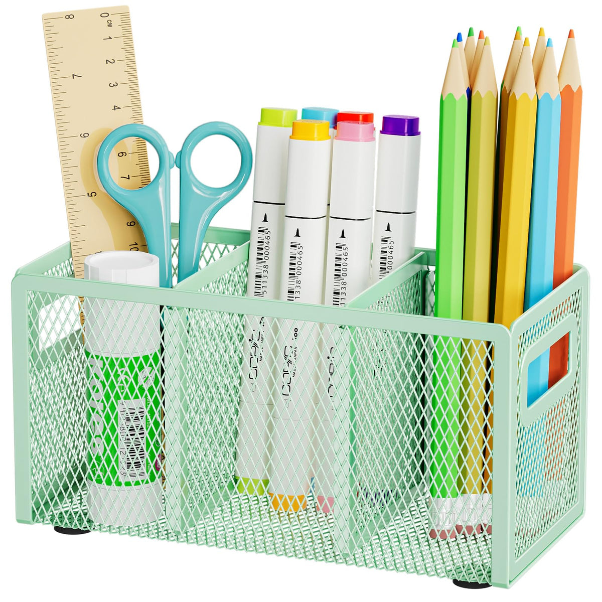 Marbrasse Mesh Pen Holder for Desk, Pencil Holder Desk Organizer 3 Adjustable Compartments, Pencil Cup with Handle Perfect for Classroom, Office, Home, Makeup, Art (Black)