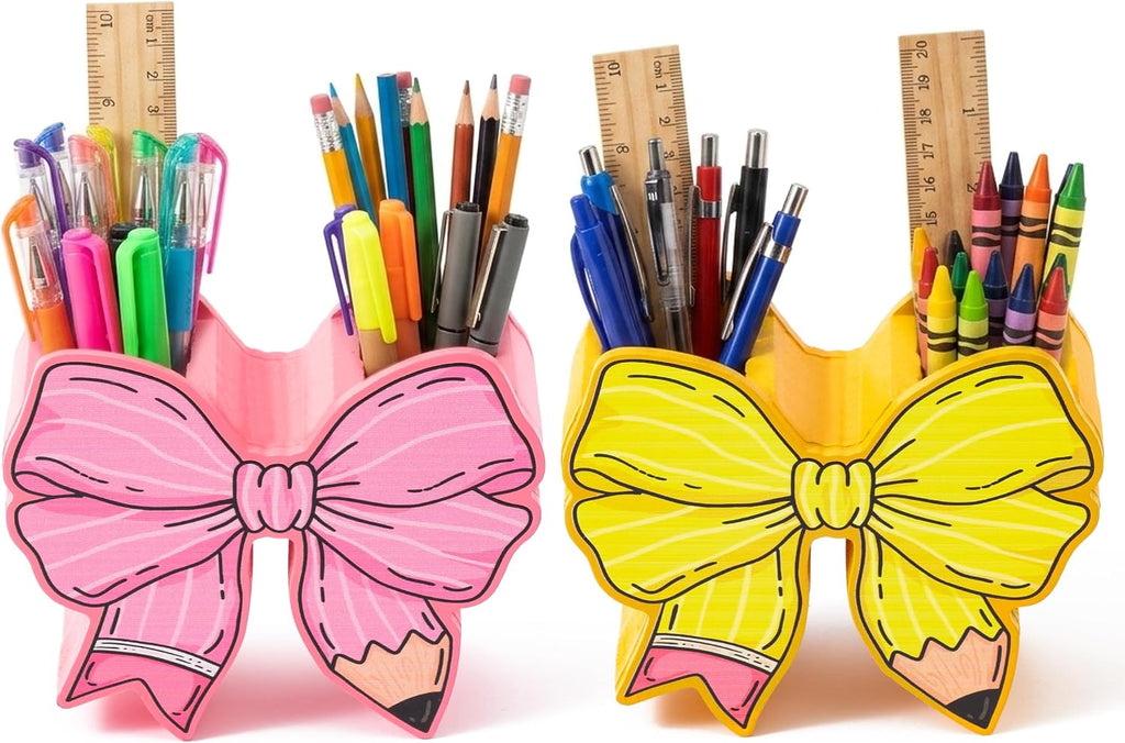 WATINC Bow Pencil and Pen Holder for Desk, 2 Pink Yellow Stationery Storage