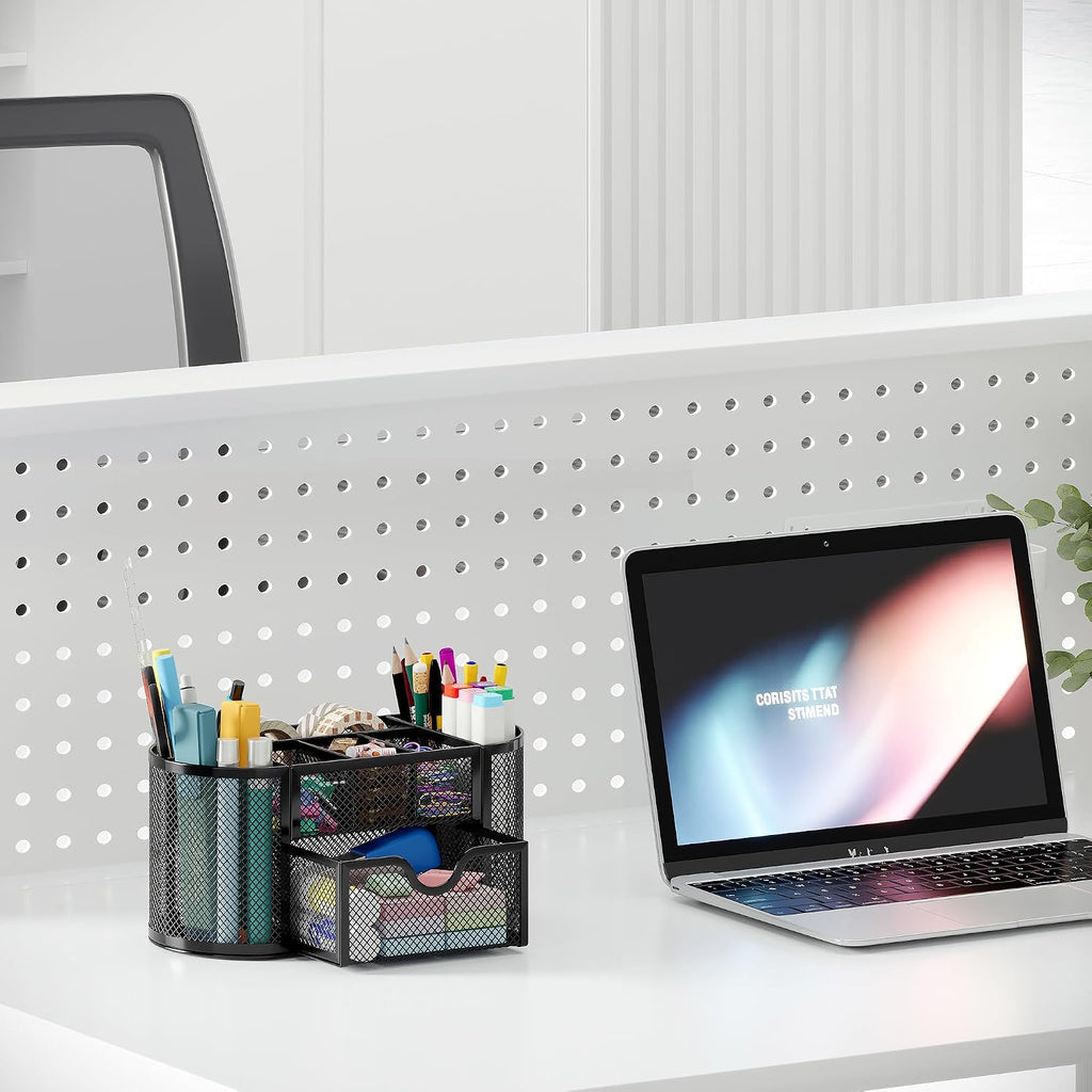 EasyPAG Mesh Pen Holder Desk Organizer with Drawer Stationery Supplies Organizer for Dorm School 9 Compartments Workspace Desk Accessories Organization for Office, Black