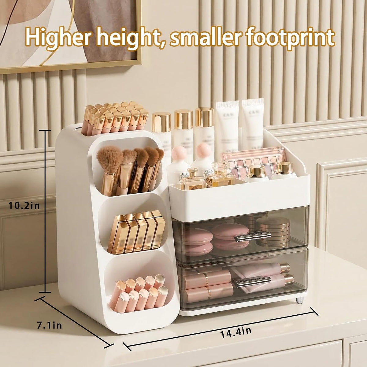 Large Capacity Makeup Organizer Countertop with Makeup Brush Holder for Vanity, Thickened Material, Bathroom Countertop Organizer Skin Care Perfumes Storage, Teen Girl Gifts for 12-23 Year（white）
